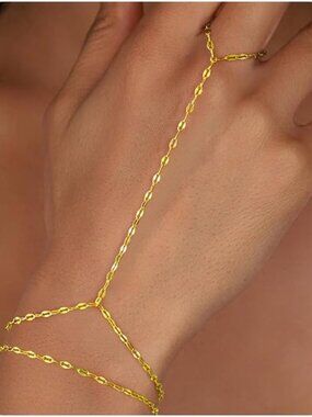 Dainty 14K Gold Plated Hand Chain Lip Hand Bracelet Women Layered Ring Jewelry
